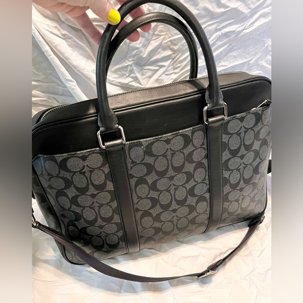 COACH PERRY LEATHER CANVAS ZIP TOP BRIEF MESSENGER Charcoal/Black Men EUC